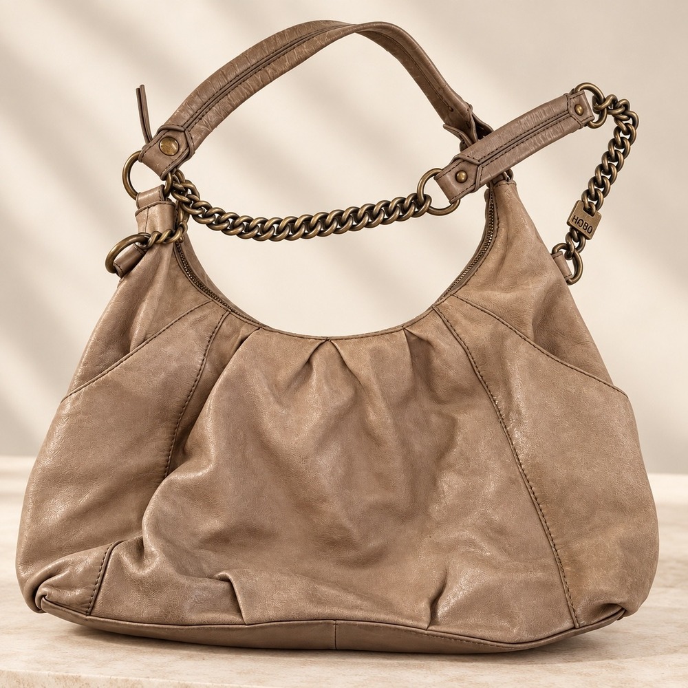 HOBO International Taupe Leather Chain Strap Slouchy Shoulder Bag Y2K Boho